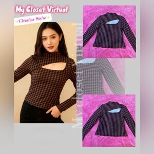 SHEIN Brown & Black Houndstooth Cutout Long-Sleeve Top